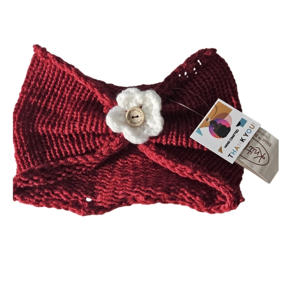Hand Crafted 3 in 1 hair accessory crochet floral ear warmer Winter headband red - Picture 6 of 17
